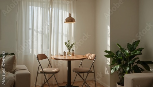 Interior of modern living room with white walls, wooden floor, round table with chairs and plants. 3d render