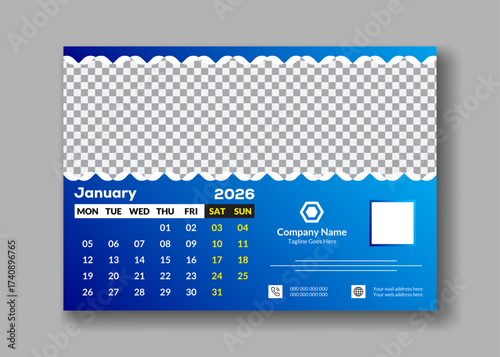 January 2026 professional desk calendar template. Clean blue design with QR Code