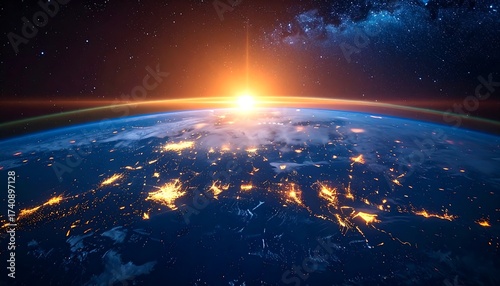 A vibrant sunrise illuminates Earth, showcasing city lights and the galaxy