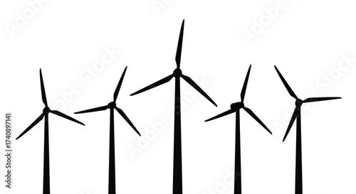 Vector illustration of silhouette of several wind turbines, representing clean energy and sustainable power generation for a greener future with renewable resources