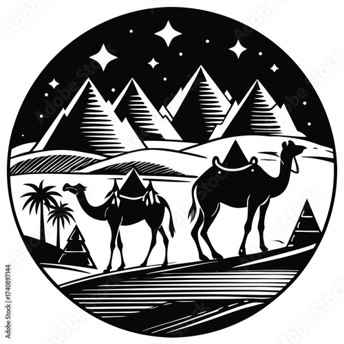 Two camels walking through the desert with pyramids and stars in the background silhouette