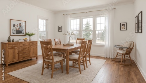 Dining room with table and chairs, interior design. Nobody inside