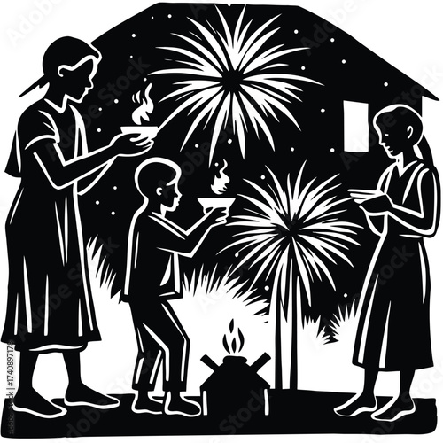 Family celebrates a festive occasion with fireworks and oil lamps in a stylized silhouette