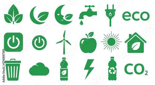 Vector illustration of collection of green eco icons, representing sustainability, renewable energy, and environmental conservation for a greener future