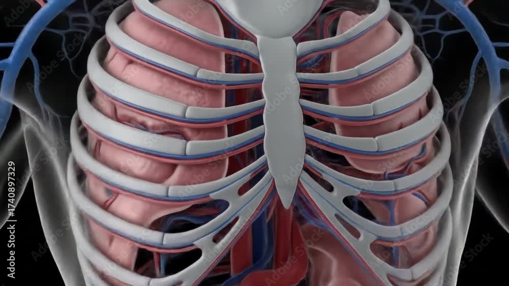 3D rendering of the human chest cavity, showcasing the skeletal ...