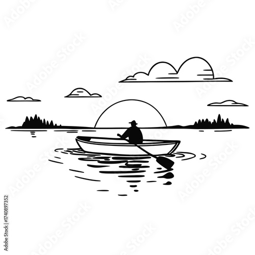Lone person rowing a boat across calm water towards a setting sun with distant trees and clouds silhouette