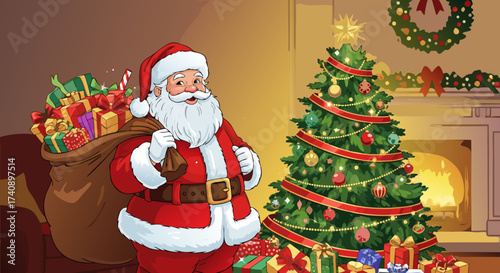 Santa Claus stands by a beautifully decorated Christmas tree, holding a sack full of gifts, ready to spread holiday cheer and deliver presents to children on Christmas Eve