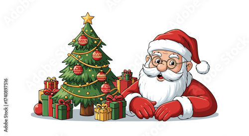 A jolly Santa Claus with a warm smile leans forward next to a beautifully decorated Christmas tree surrounded by wrapped gift boxes, creating a festive holiday scene
