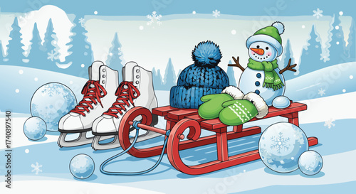 Winter fun with a cute snowman, cozy knitted hats, mittens, ice skates, and a festive sled, perfect for snowy outdoor adventures and holiday cheer