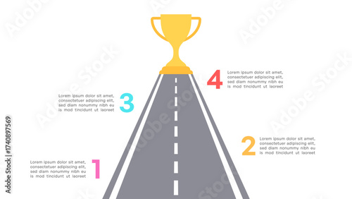Road to Success Infographic with Four Numbered Steps Leading to Trophy