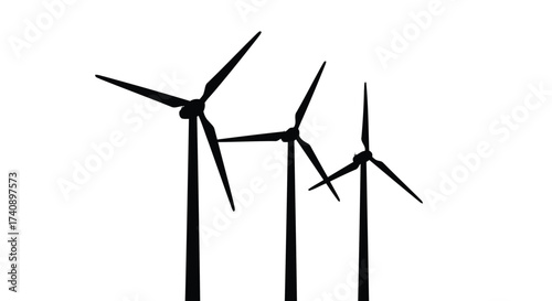 Vector illustration of silhouette of three wind turbines, symbolizing renewable energy and sustainable power generation for a cleaner environment