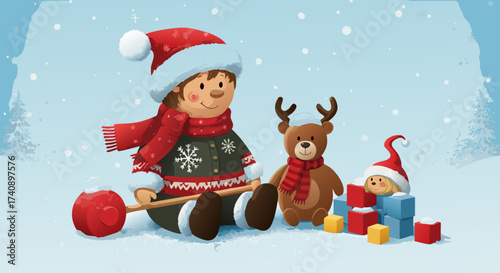 Festive holiday scene with a child in a Santa hat and scarf, surrounded by gifts and stuffed animals in a snowy landscape, perfect for Christmas and winter celebrations