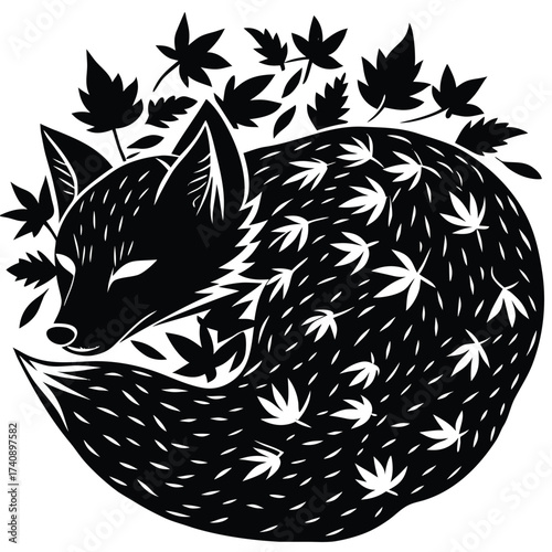 Stylized black fox curled up asleep surrounded by falling autumn leaves silhouette