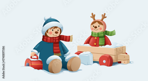 Charming winter scene featuring two adorable children dressed in warm winter attire playing with a wooden toy wagon filled with snow and Christmas-themed decorations