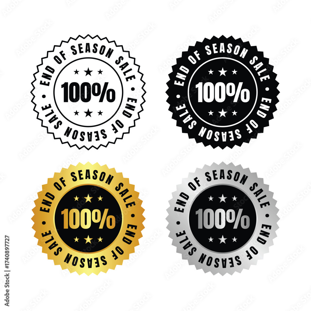 Obraz premium 100 percent four end of season sale stickers in black white gold and silver on a white background