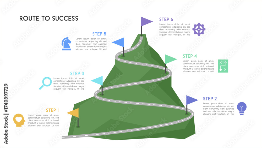 Fototapeta premium Winding Mountain Road Six Steps to Success Infographic