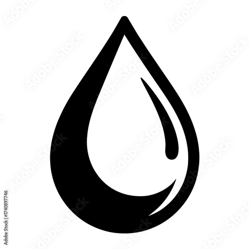 Stylized black water drop icon with reflective highlight, perfect for nature, hydration, liquid, and ecological themes. A versatile vector graphic representing purity, essential oils, or fluid dynamic
