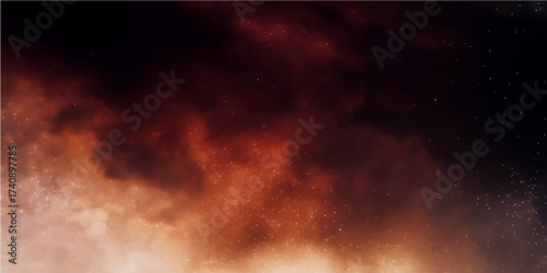 Dark clouds embrace the stormy sky, a dramatic cloudscape of fire and smoke from a distant explosion