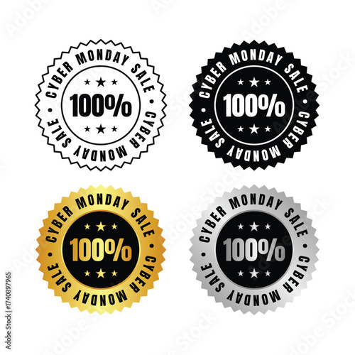 100 percent  four cyber monday sale badges in black, gold and silver on a white background design layout