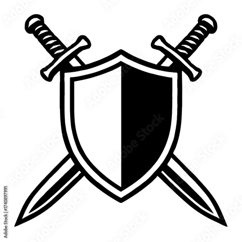 Bold black and white shield with two crossed swords, a classic medieval heraldry emblem, symbolizing protection, strength, and warrior spirit. Perfect vector illustration for gaming, fantasy, and hist