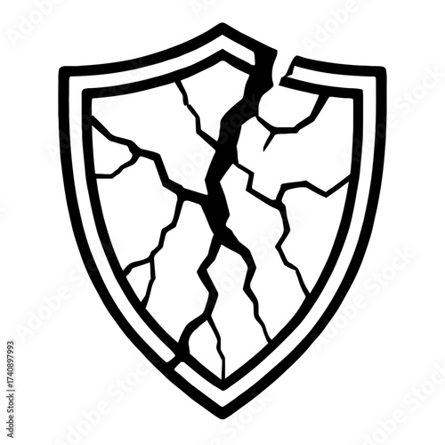 Black and white vector illustration of a severely cracked and broken shield, symbolizing compromised security, vulnerability, shattered protection, and the failure of defense mechanisms in times of cr