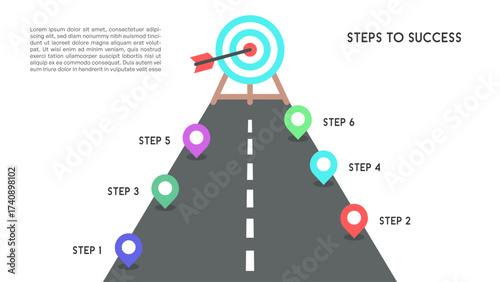 Road Infographic with Six Colorful Step Markers and Bullseye Target