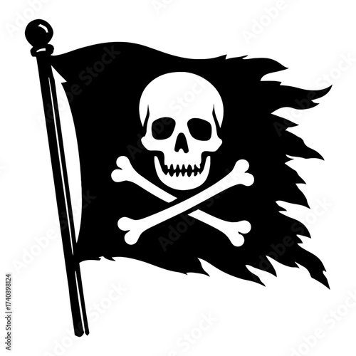 Classic Tattered Jolly Roger Pirate Flag: Bold Black & White Skull & Crossbones Icon Waving on Pole, Emblem of Piracy, Adventure, Rebellion & Maritime History. Ideal for Graphic Design, Themed Decor,