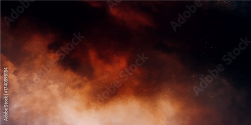 Abstract fire and smoke against a dark blue sky with light clouds, a powerful nature explosion texture