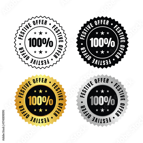 100 percent  collection of festive offer stickers in black gold silver and outline variations on a white background