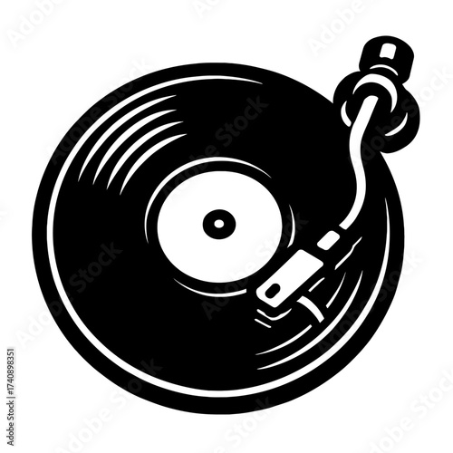 High-contrast black and white vector illustration of a classic vinyl record spinning on a vintage turntable, featuring a detailed tonearm and stylus. An iconic graphic symbolizing retro music, DJ cult