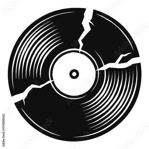 Cracked Vinyl Record Icon: A powerful symbol of damaged music, broken vintage audio, shattered retro albums, and the fragility of classic disc media. Perfect for themes of destruction, loss, obsolesce