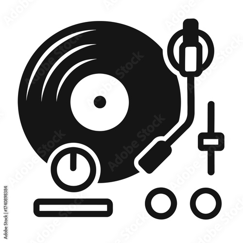 Black and white icon of a classic vinyl record turntable setup, featuring a tonearm, spinning disc, power button, fader, and control knobs. Perfect for music production, DJ equipment illustrations, au