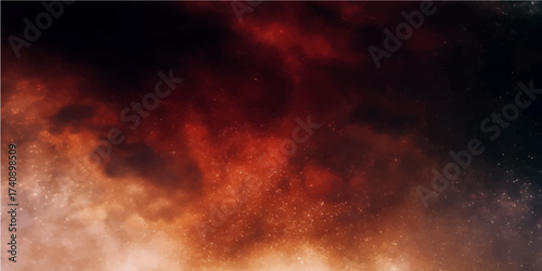 Fiery cosmic nebula swirling with intense red and orange hues against a dark starry background