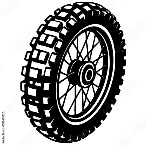 Vector illustration of rugged off-road motocross dirt bike tire with aggressive knobby tread patterns and a detailed spoked wheel design, rendered in crisp black and white silhouette perfect for motor