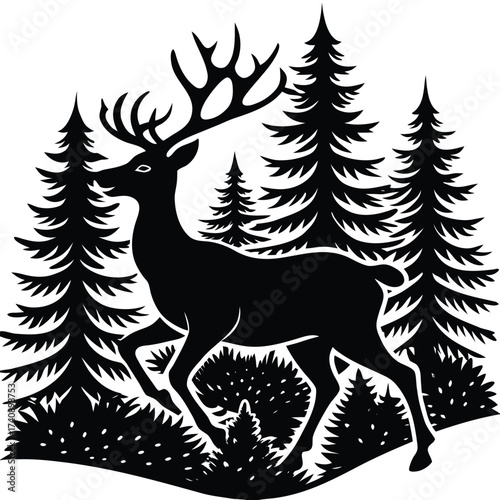 Majestic stag with large antlers walking through a dense forest of pine trees silhouette