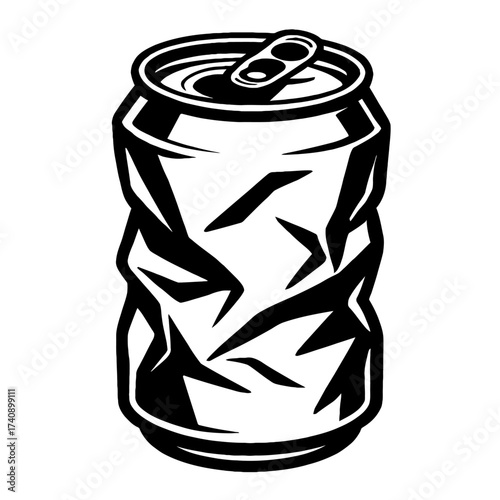 Black and white vector illustration of a severely crumpled aluminum can, featuring bold outlines and sharp angular creases. This graphic vividly depicts a crushed soda or beer container, symbolizing w