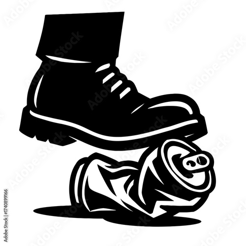 Powerful black boot stomping on a crushed aluminum beverage can, symbolizing environmental impact, waste disposal challenges, and the critical importance of recycling and responsible litter management