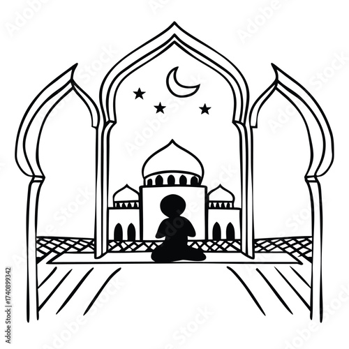 Person praying in front of a mosque with crescent moon and stars in the sky silhouette