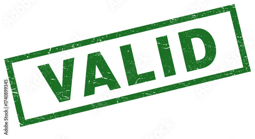 Green rubber stamp style 'valid' text imprinted on white surface representing approval and authenticity certified document seal badge isolated on white background