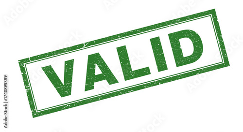Green rectangular stamp text 'valid' symbolizing approval confirmation certification and success clearly visible isolated on white background