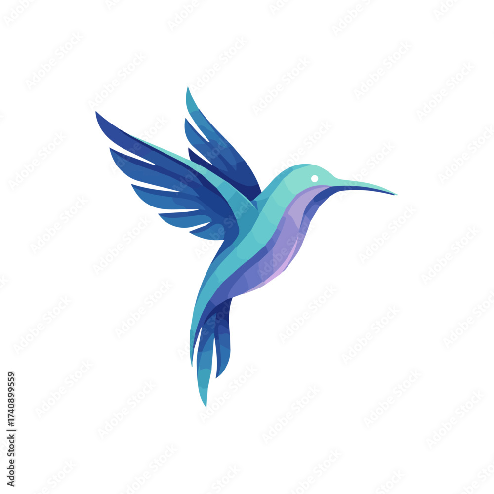 Fototapeta premium Modern Stylized Hummingbird Illustration - Vibrant Blue and Teal Vector Bird Graphic - Elegant Minimalist Animal Design - Isolated Flying Creature Icon on White Background