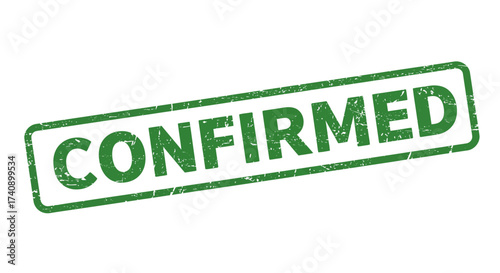 Green stamp confirmed rectangular seal text sign approval authentication guarantee success official document business verification process isolated on white background