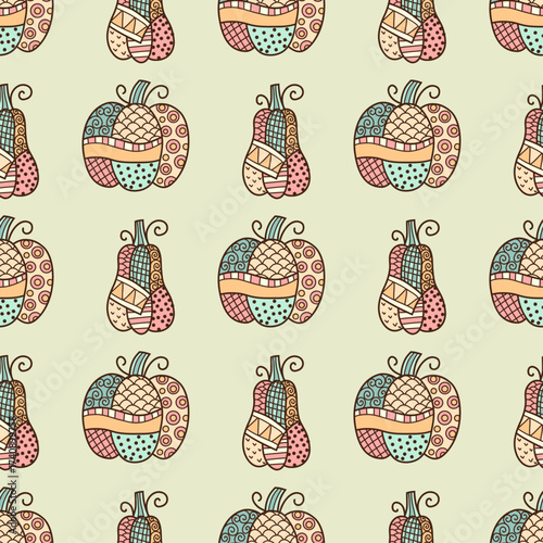 Seamless pastel patchwork pumpkin vector pattern, retro aesthetic