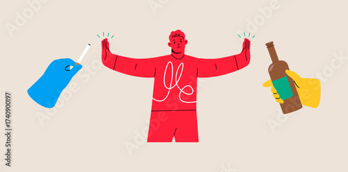 Man makes gesture, rejecting offer to smoke or drink alcohol. Colorful vector illustration