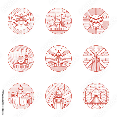 Set of Buildings Outline Style Illustrations 

