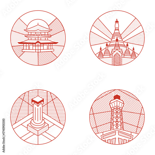 Set of Monument and Landmark Outline Style Illustrations 

