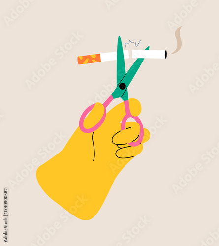 Hand holding scissors cut a cigarettes. Quit smoking concept. Colorful vector illustration