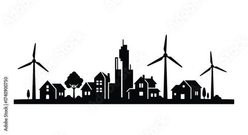 Vector illustration of city skyline with wind turbine silhouette of urban landscape with renewable energy sources and buildings