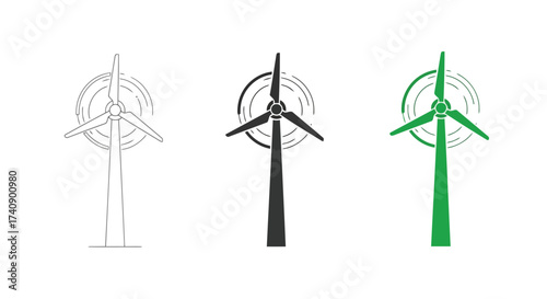 Vector illustration of wind turbine vector icon set collection of three wind turbines in different styles line, silhouette, and color renewable energy source concept