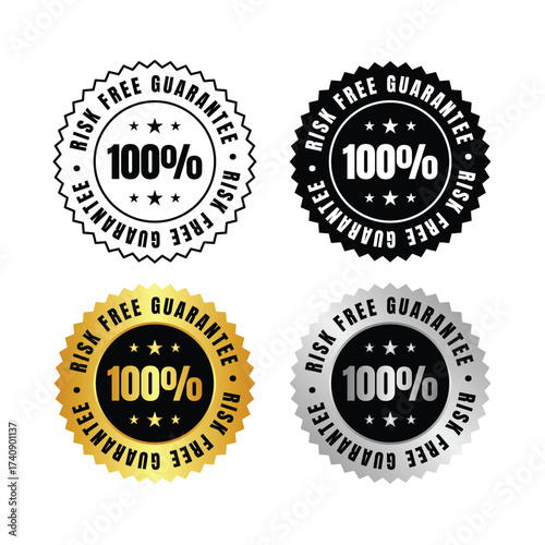 100 percent  four guarantee badges in black outline, filled black, gold, and silver with stars and text